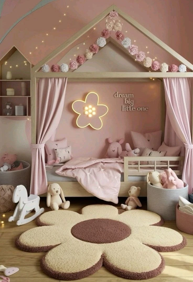 Cottage-Style House Bed with Floral Garland