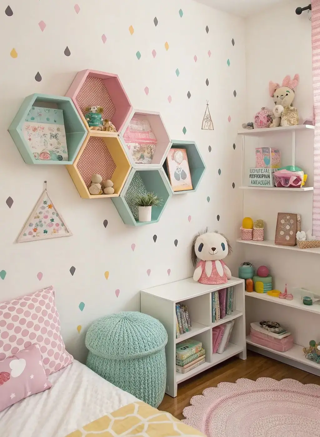Pastel Hexagon Wall Shelves with Rainbow Decals