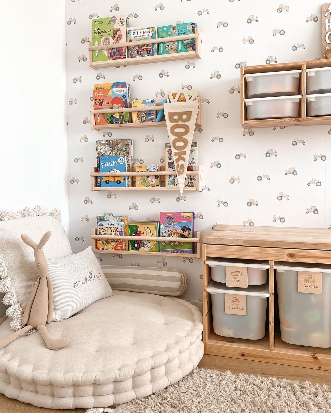 Wall-Mounted Book Ledges with Tractor Wallpaper