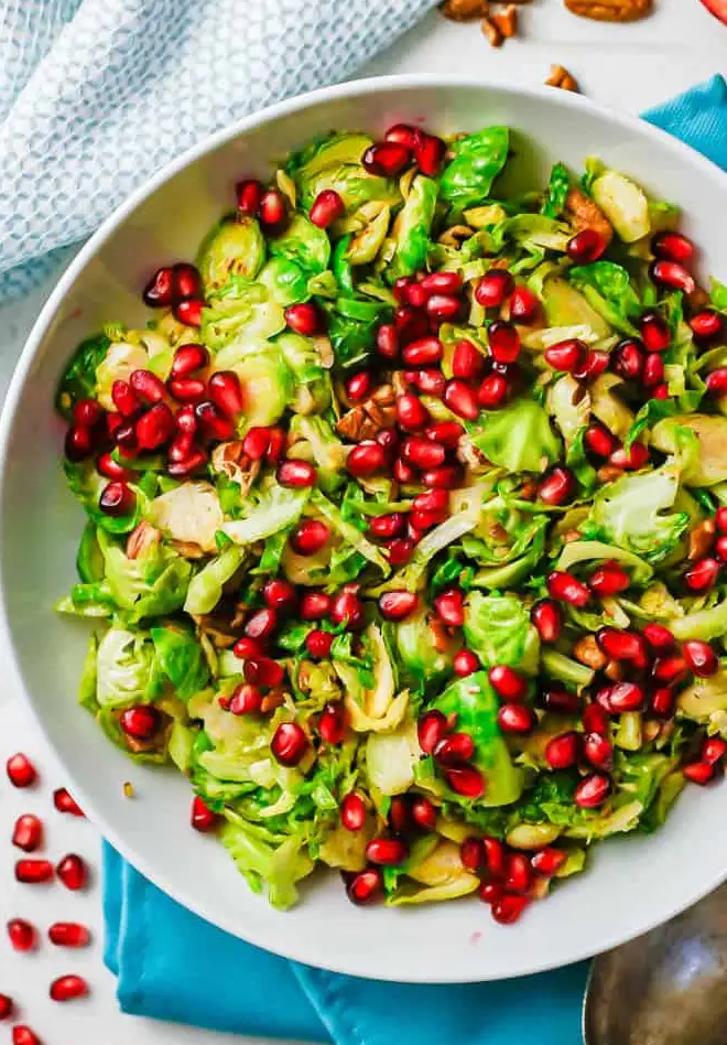 Baked Brussels Sprouts with Pecans and Pomegranate