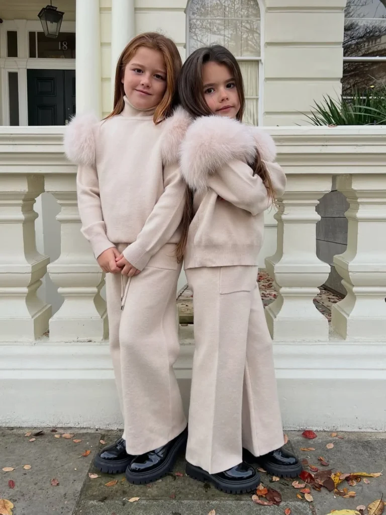 Beige Fur Trim Knit Sets