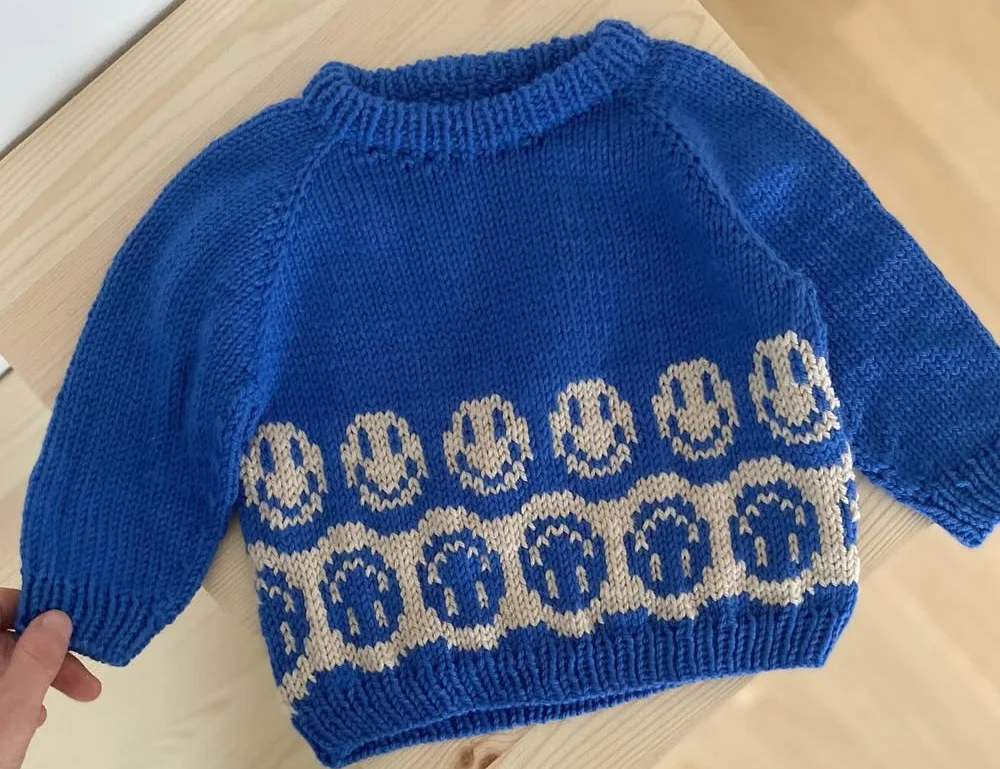 Blue Smiley Face Knit Sweater