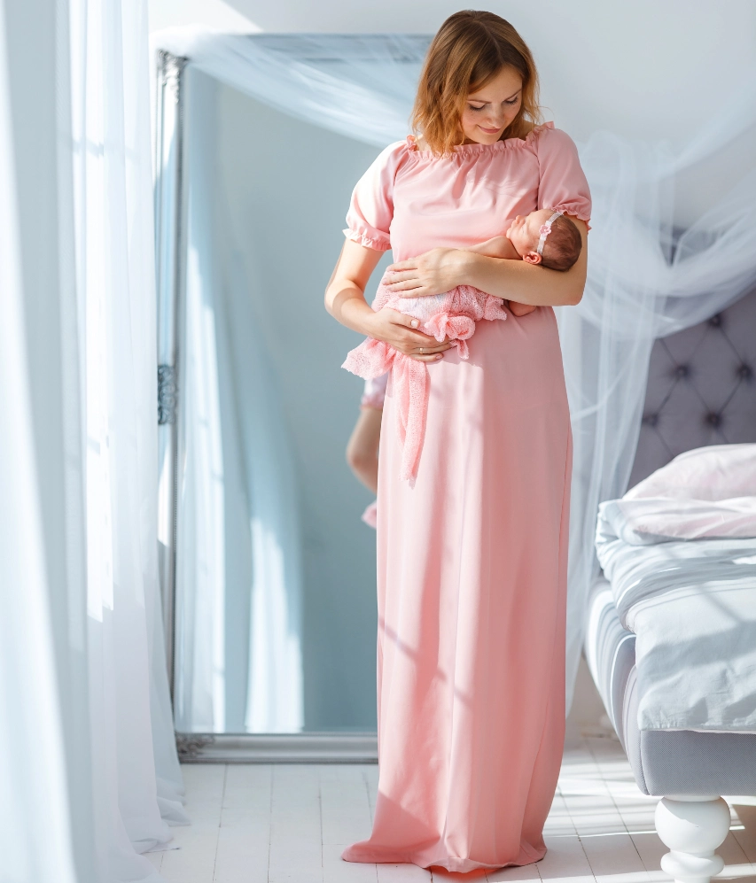 Blush Pink Off-Shoulder Nursing Maxi Dress