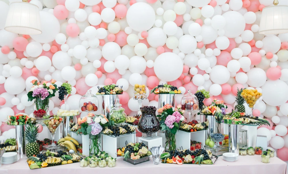 Blush and White Balloon Wall Fruit Buffet