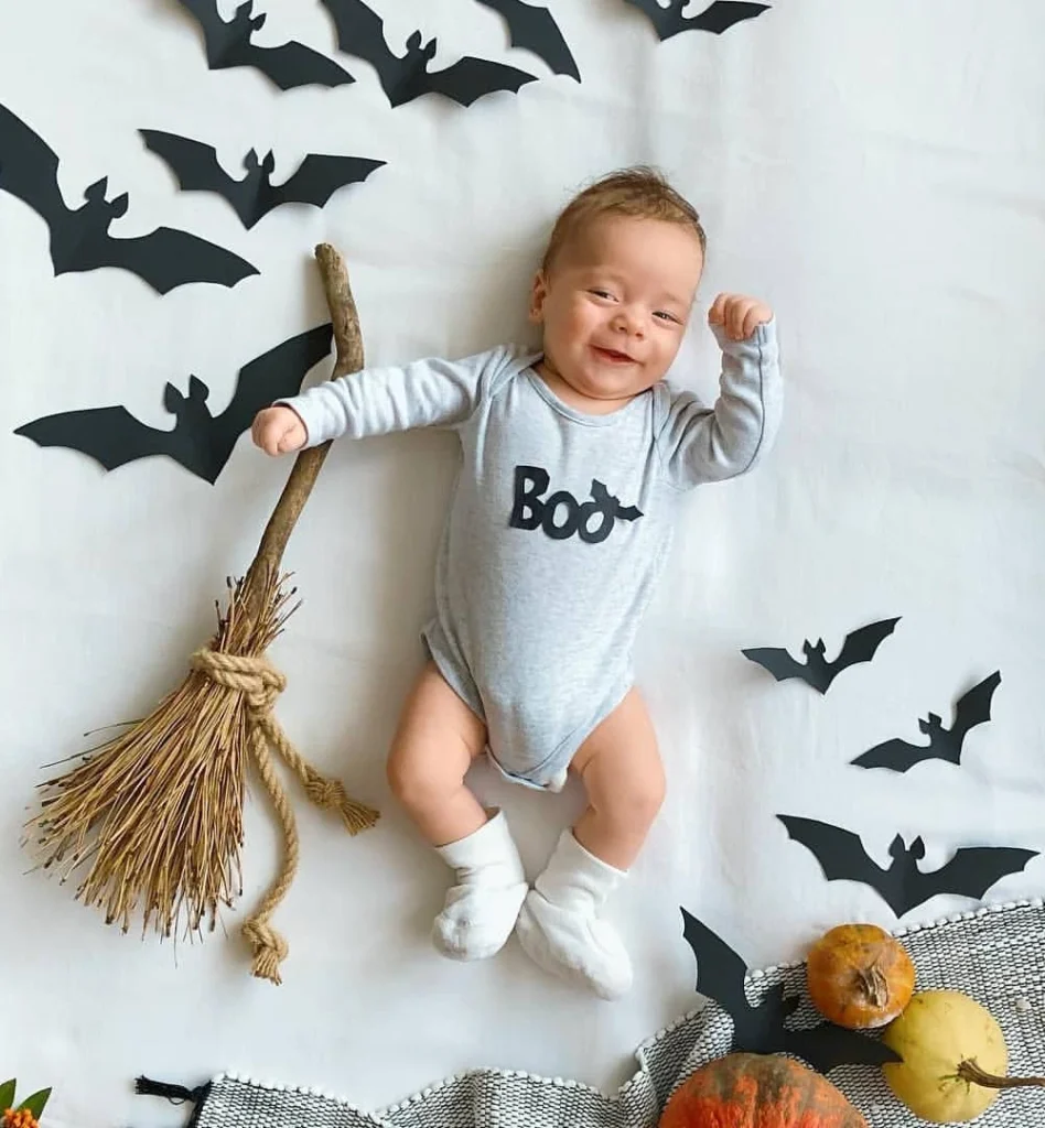 Boo Onesie With Paper Bats & Broomstick