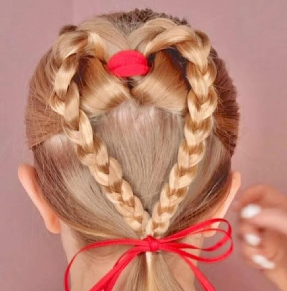 Braided Heart Pony with Red Ribbon Accents