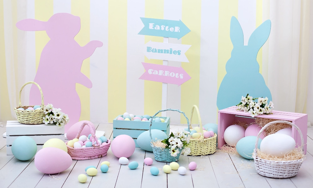 Bunny Backdrop with Oversized Eggs and Baskets
