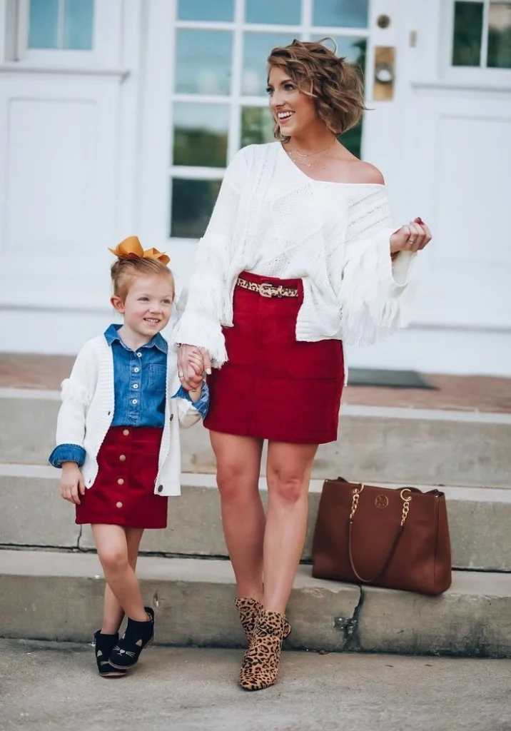 Burgundy Corduroy Skirts and Fringe Knits