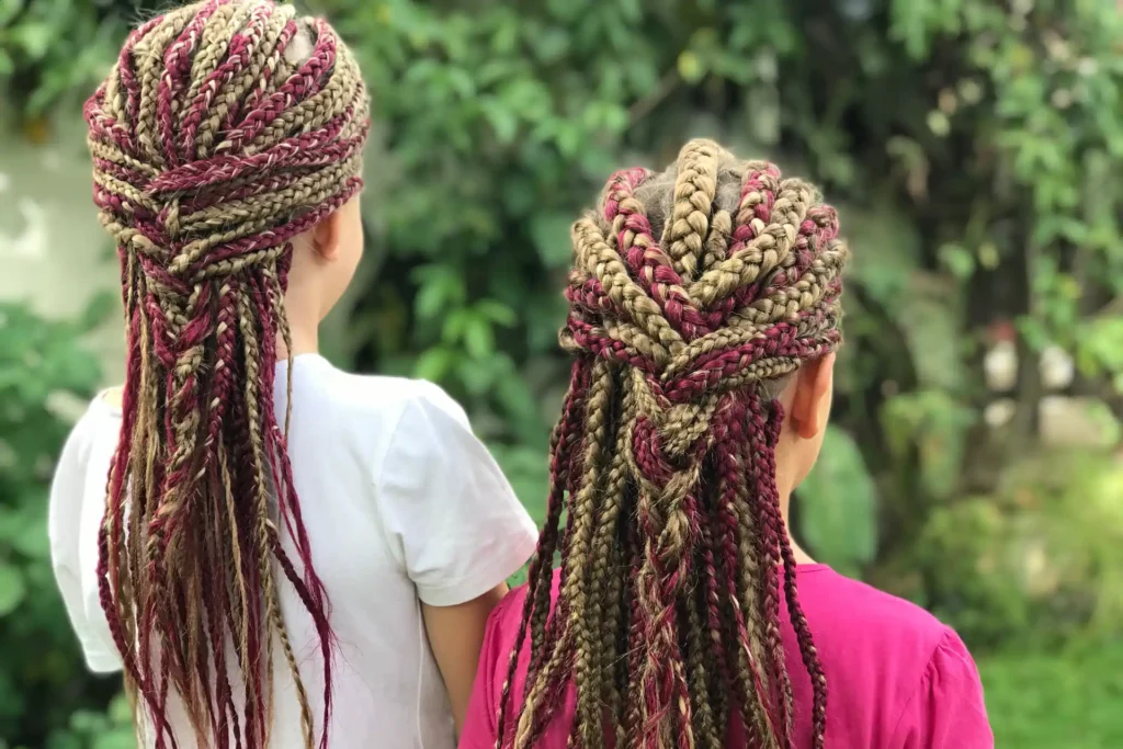 Burgundy and Blonde Twisted Halo Braids