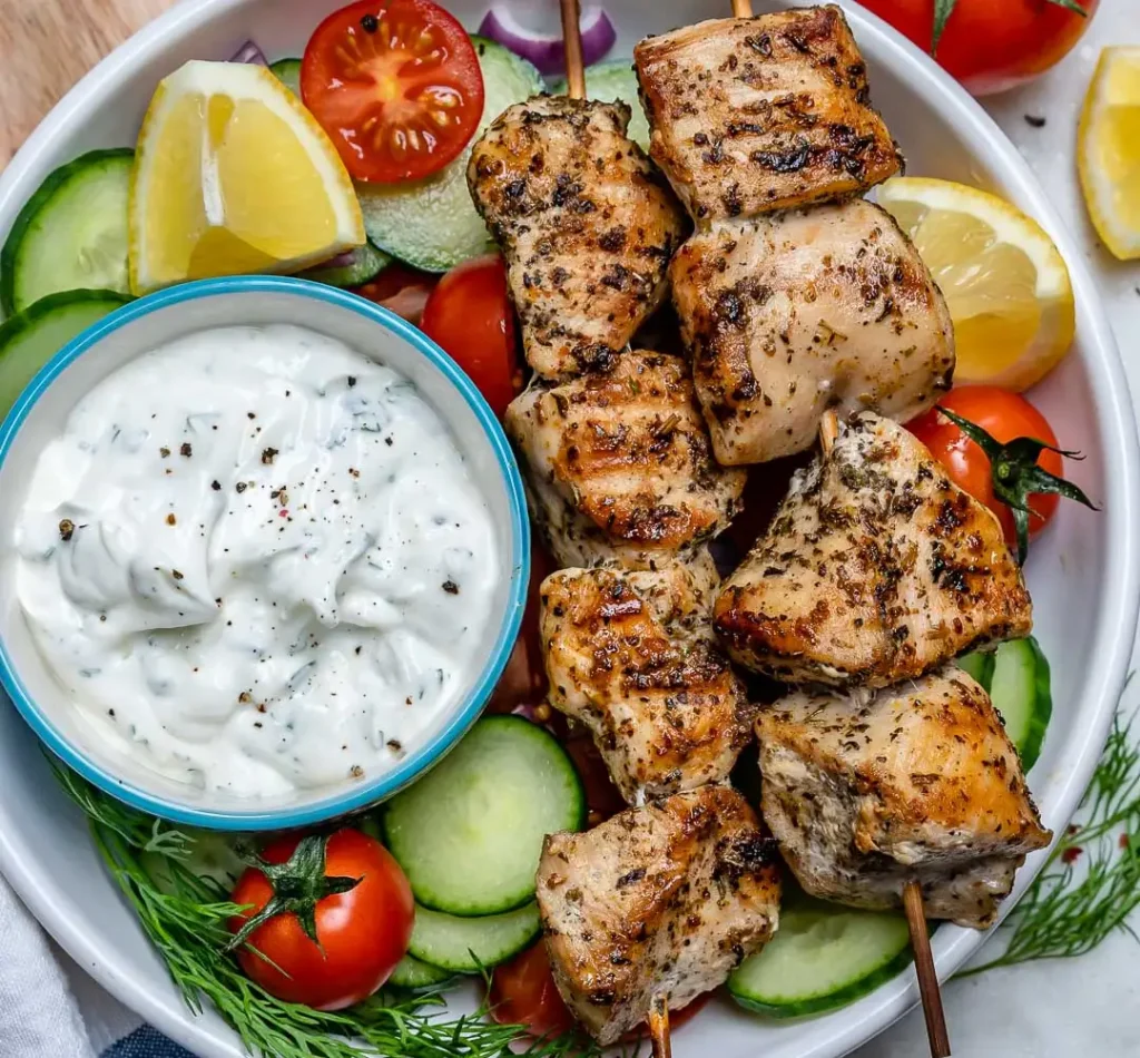 Chicken and Vegetable Skewers with Tzatziki