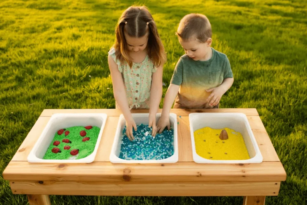DIY Sensory Play Table with Colored Rice Bins