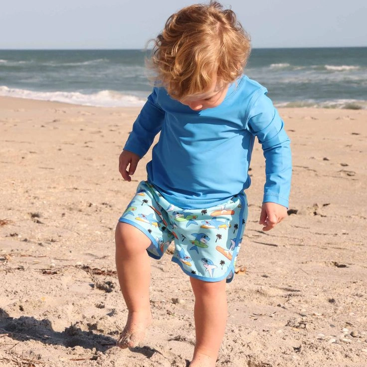 Classic Blue Rashguard with Tropical Print Shorts