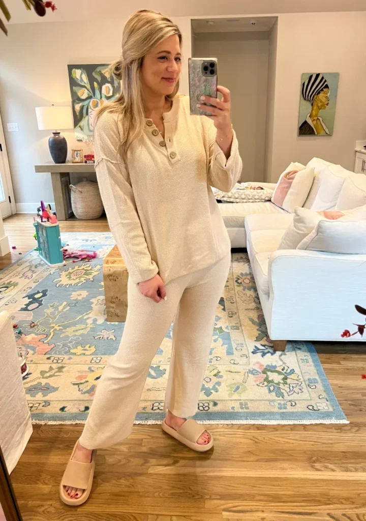 Cream Waffle Knit Henley Lounge Set
