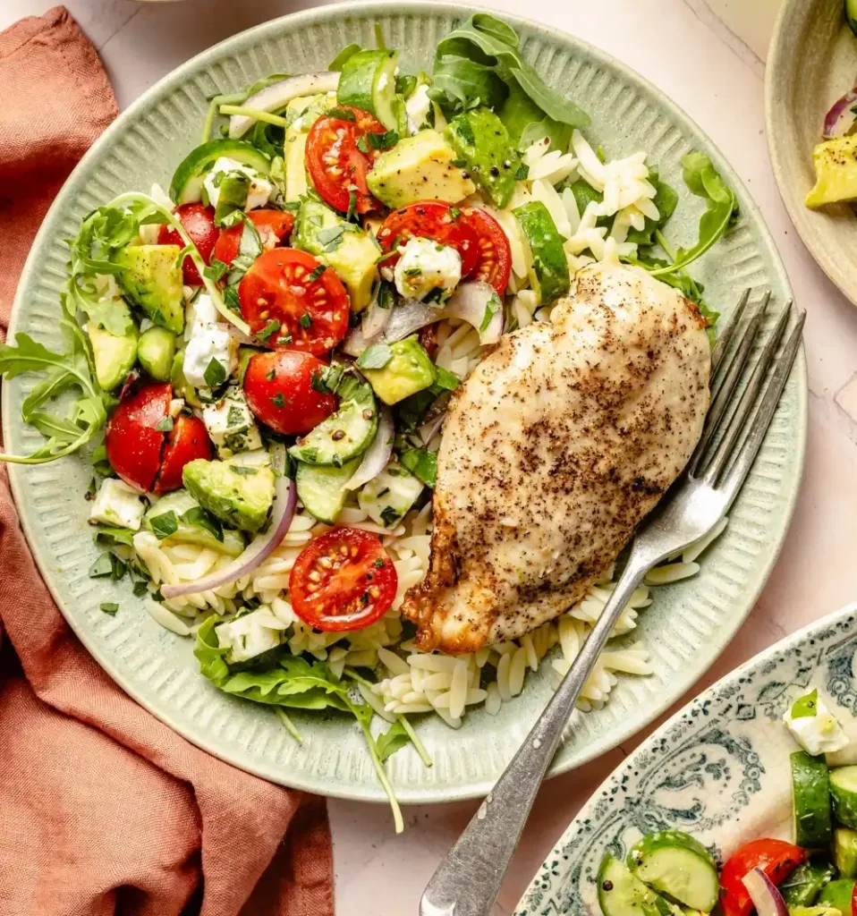 Cucumber Tomato Greek Salad with Grilled Shrimp