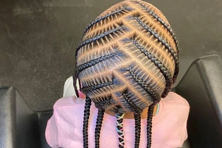 Curved Horizontal Cornrows with Free-Hanging Braids