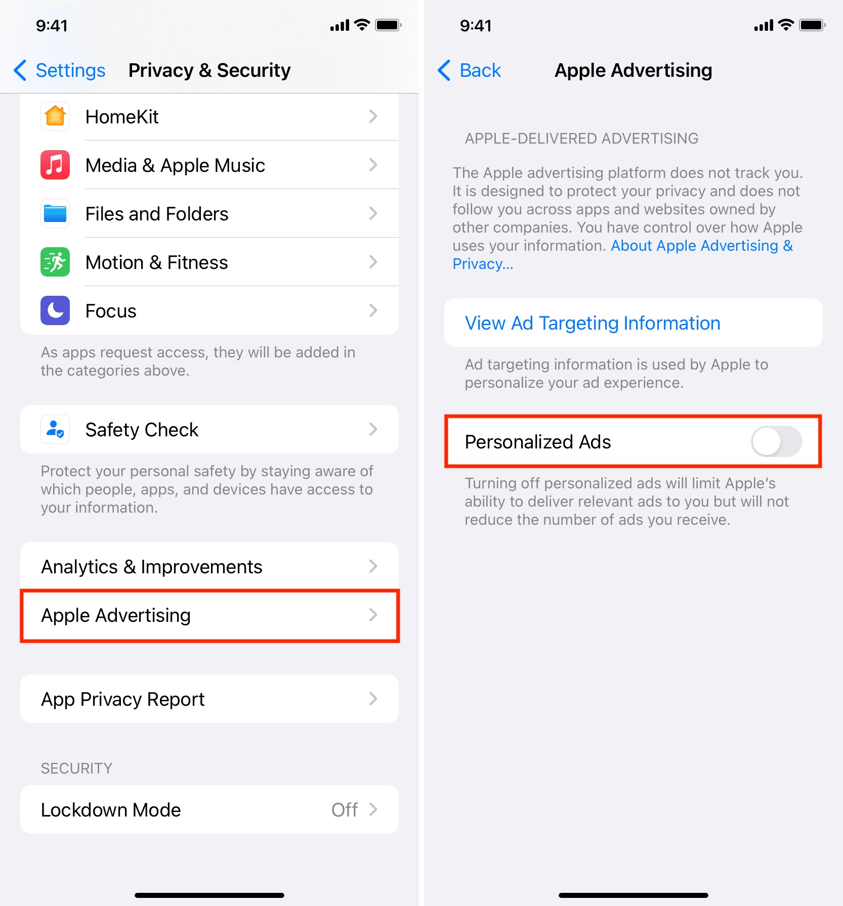 Disable "Personalized Ads" and Apple’s Own Tracking
