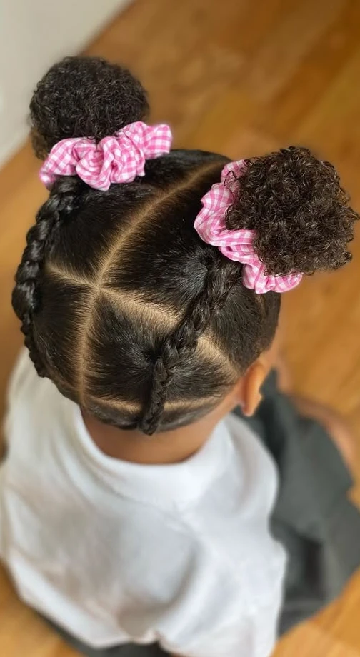 Double Bun Cuteness with Pink Scrunchies