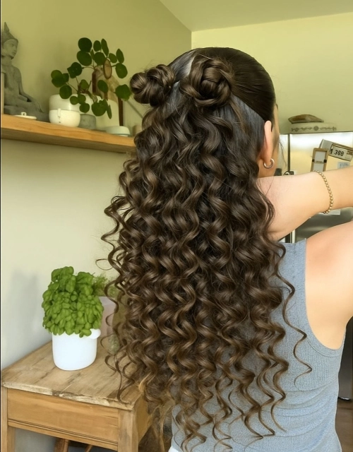 Double Mini Buns with Long Spiral Curls