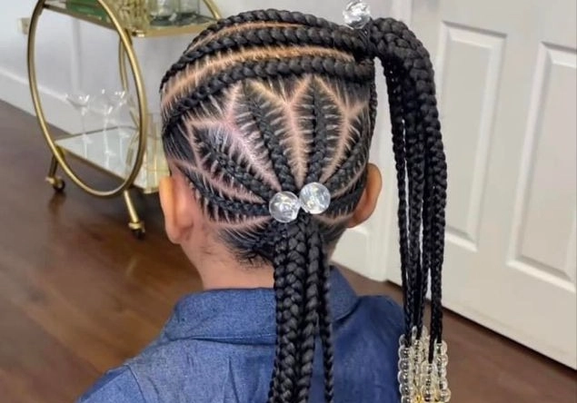 Feathered Tribal Cornrow with Jeweled Low Ponytail