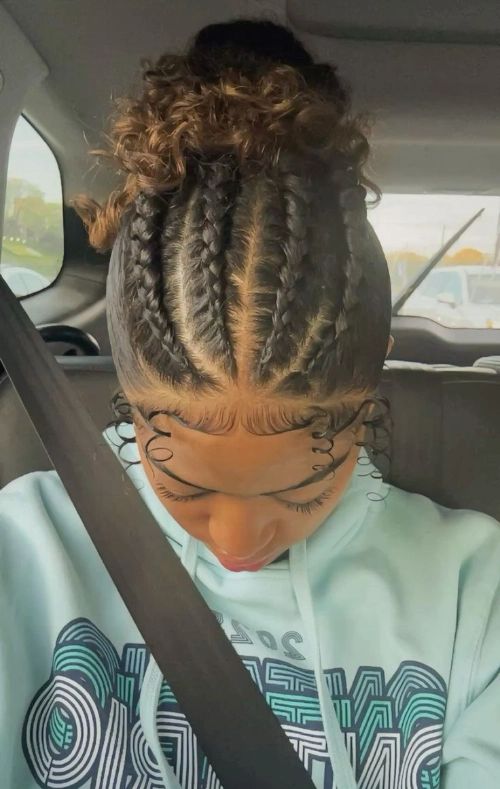 Feed-In Cornrows with Curly Top Knot