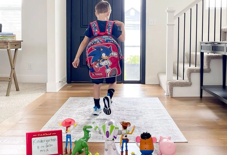 First Day of School Walkaway Shot with Favorite Toys