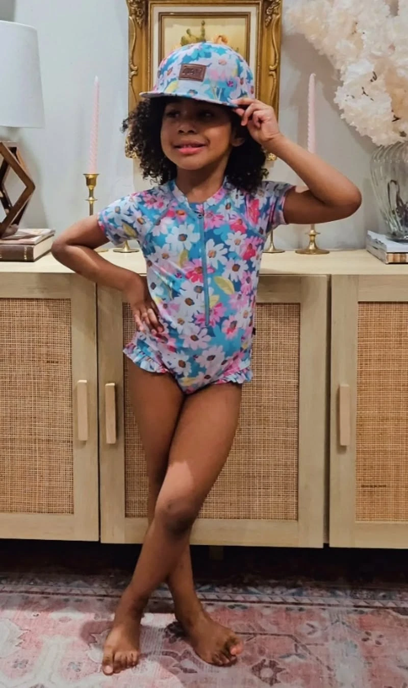 Floral One-Piece Swimsuit with Matching Bucket Hat