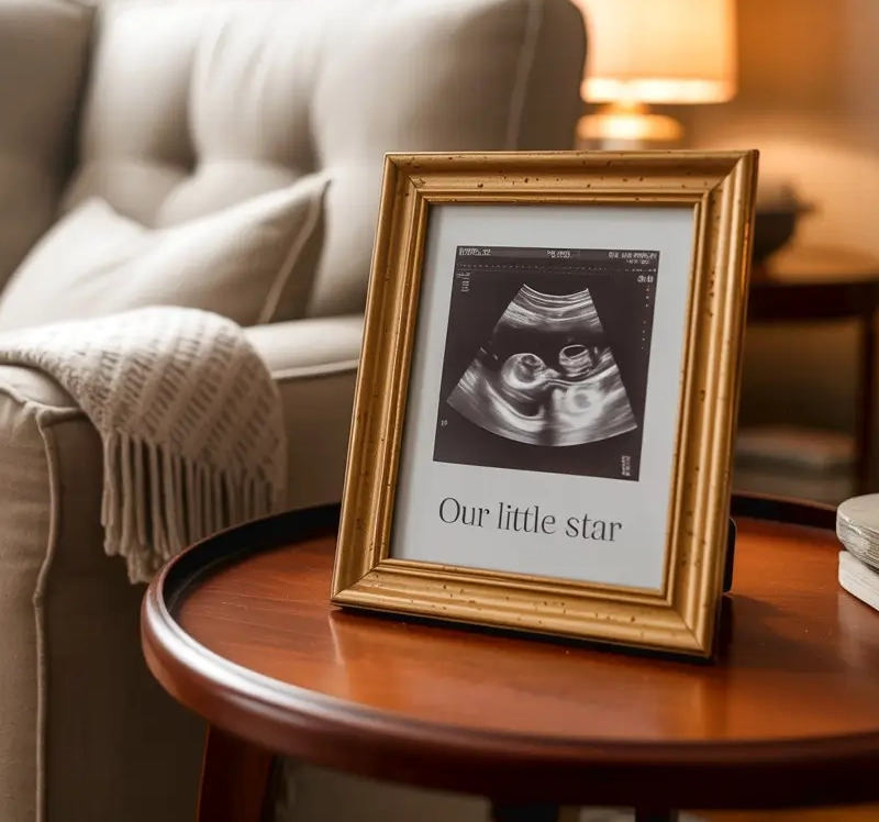 Framed Ultrasound Photo Display on Coffee Table