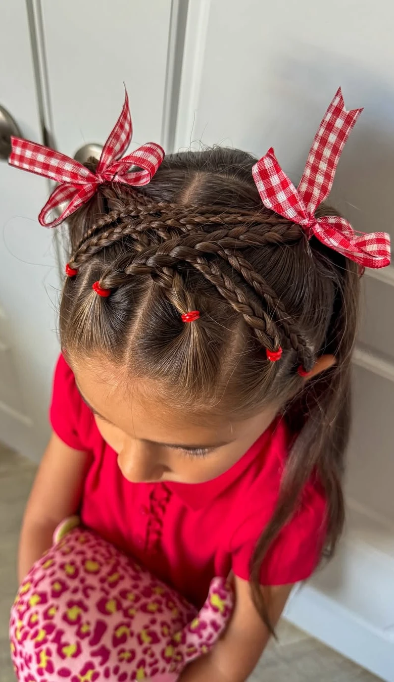 French Braid Crown with Gingham Ribbon Accents