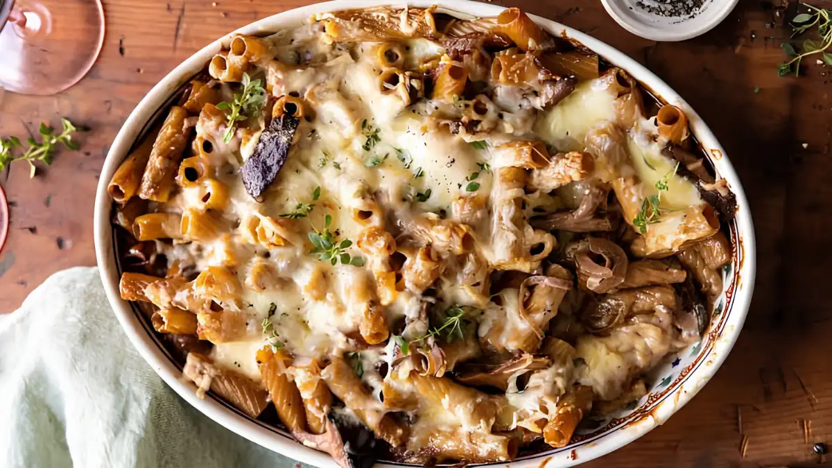 French Onion Beef Pasta Bake