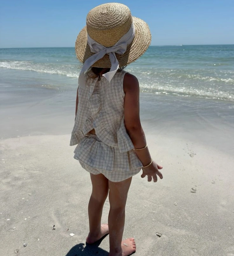 Gingham Ruffle Dress with Ribbon Straw Hat