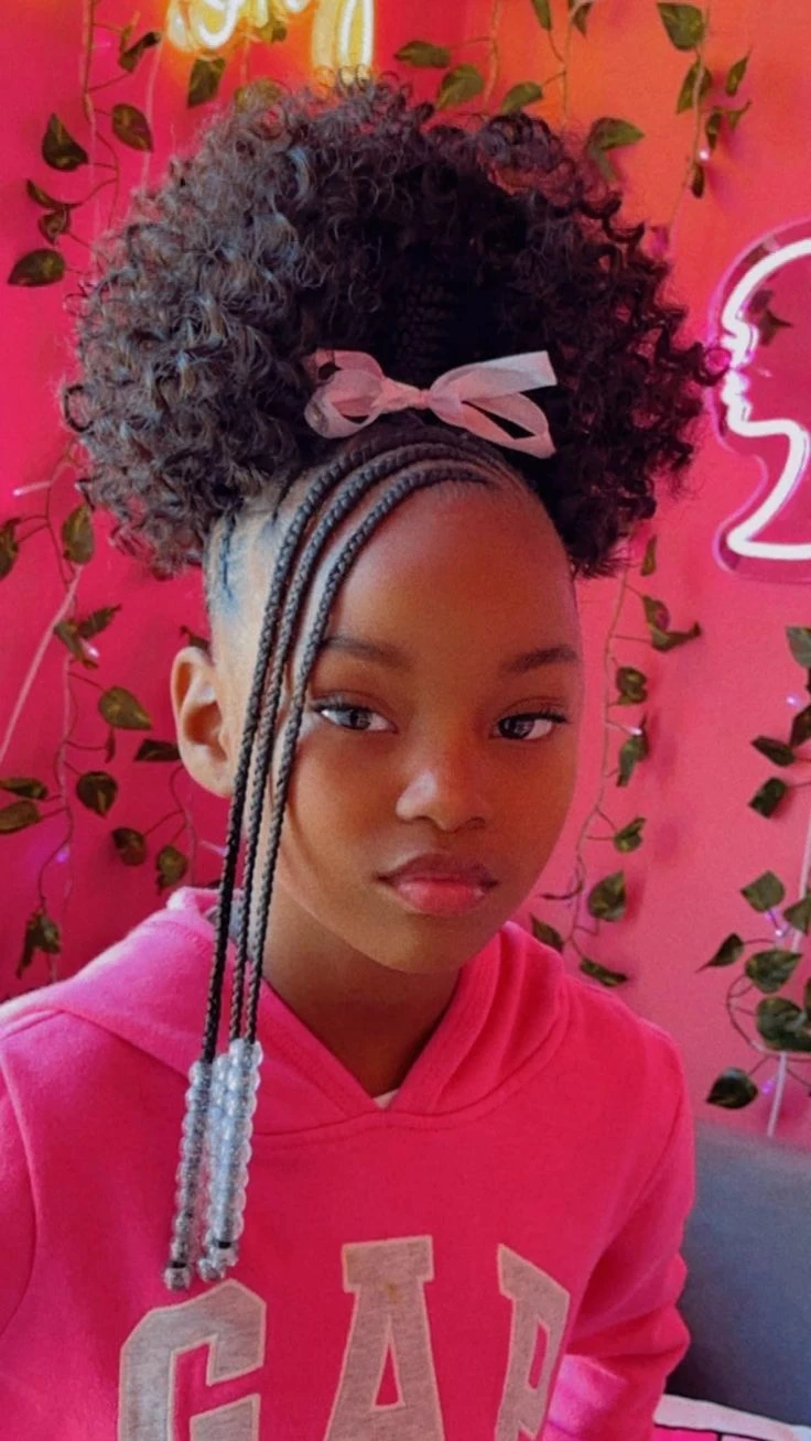 High Curly Puff with Side Braids