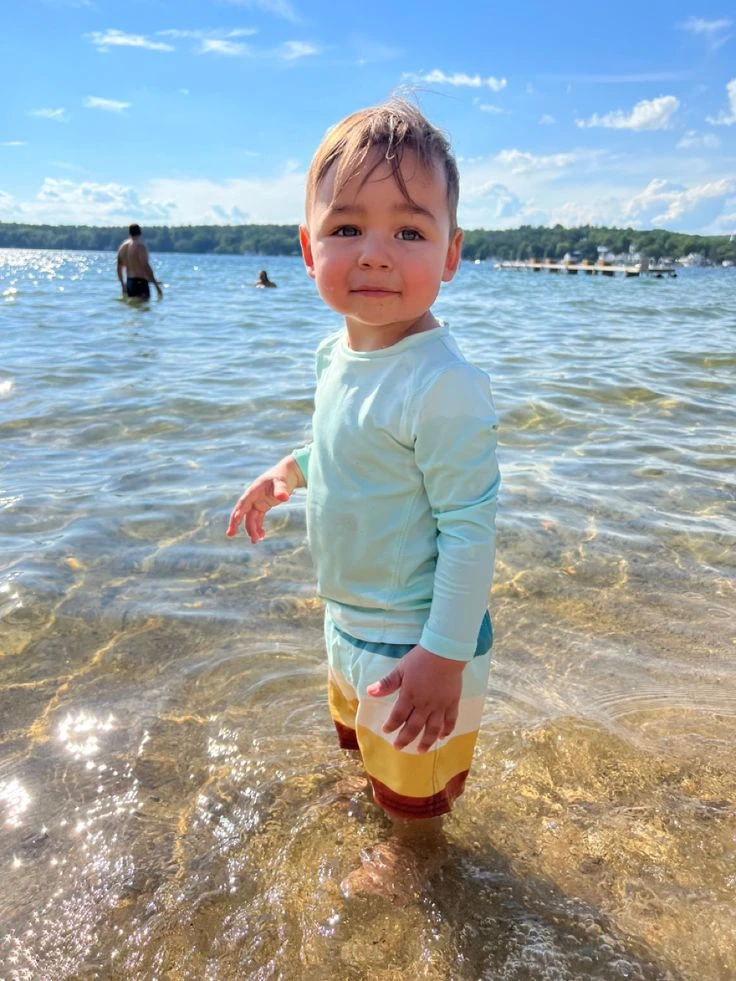 Lake Day Rashguard Set with Color-Block Swim Trunks