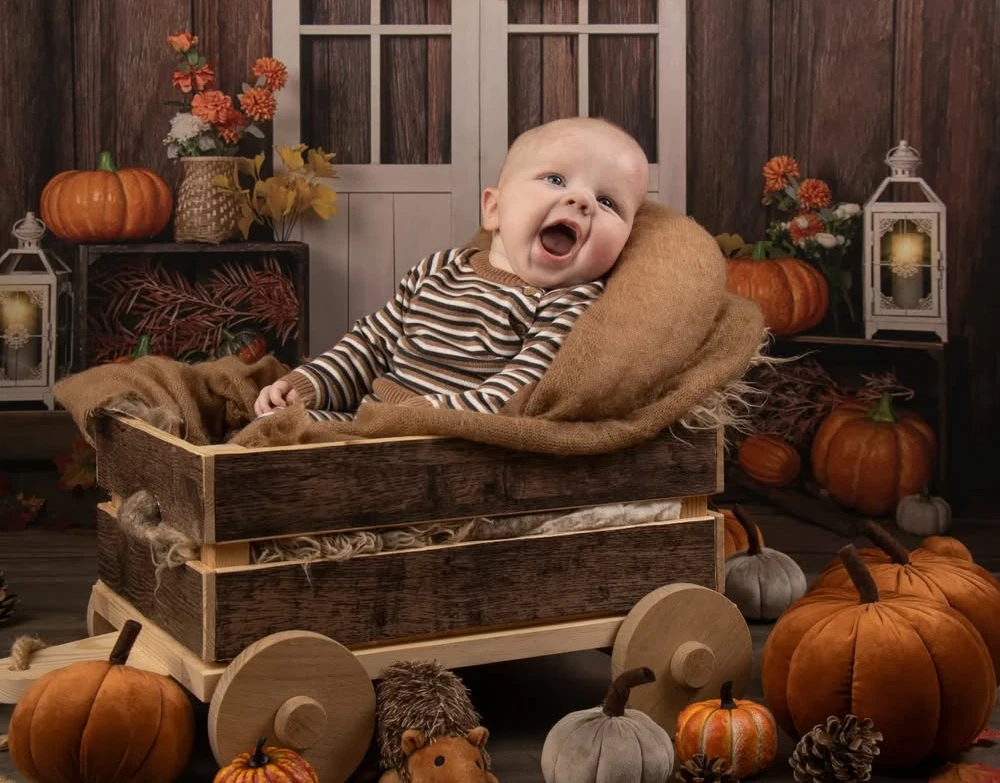 Laughing Baby in Wooden Wagon Fall