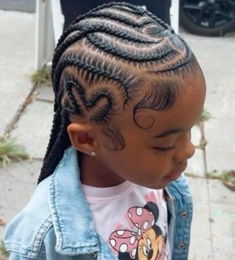 Mini Heart Cornrows with Curly Baby-Hair Swirls