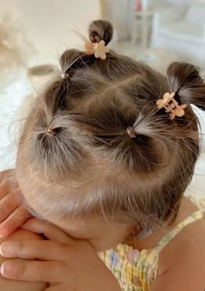 Multiple Mini Ponytails with Flower Accessories