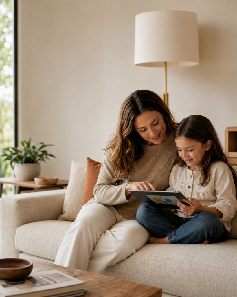 Parent and child spending time together with technology