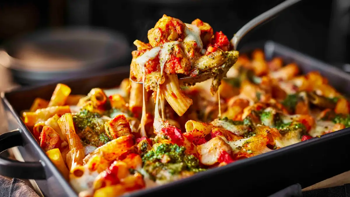 Pesto Chicken Mozzarella Pasta Bake