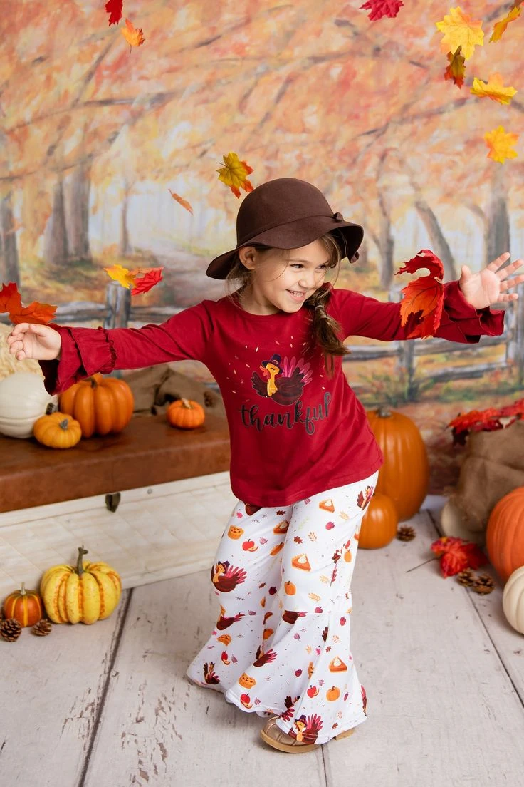 Playful Girl in Red Thanksgiving Pajama Set