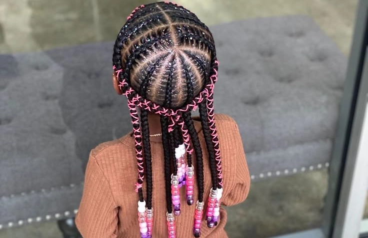 Radial Starburst Cornrows with Colorful Beaded Braids