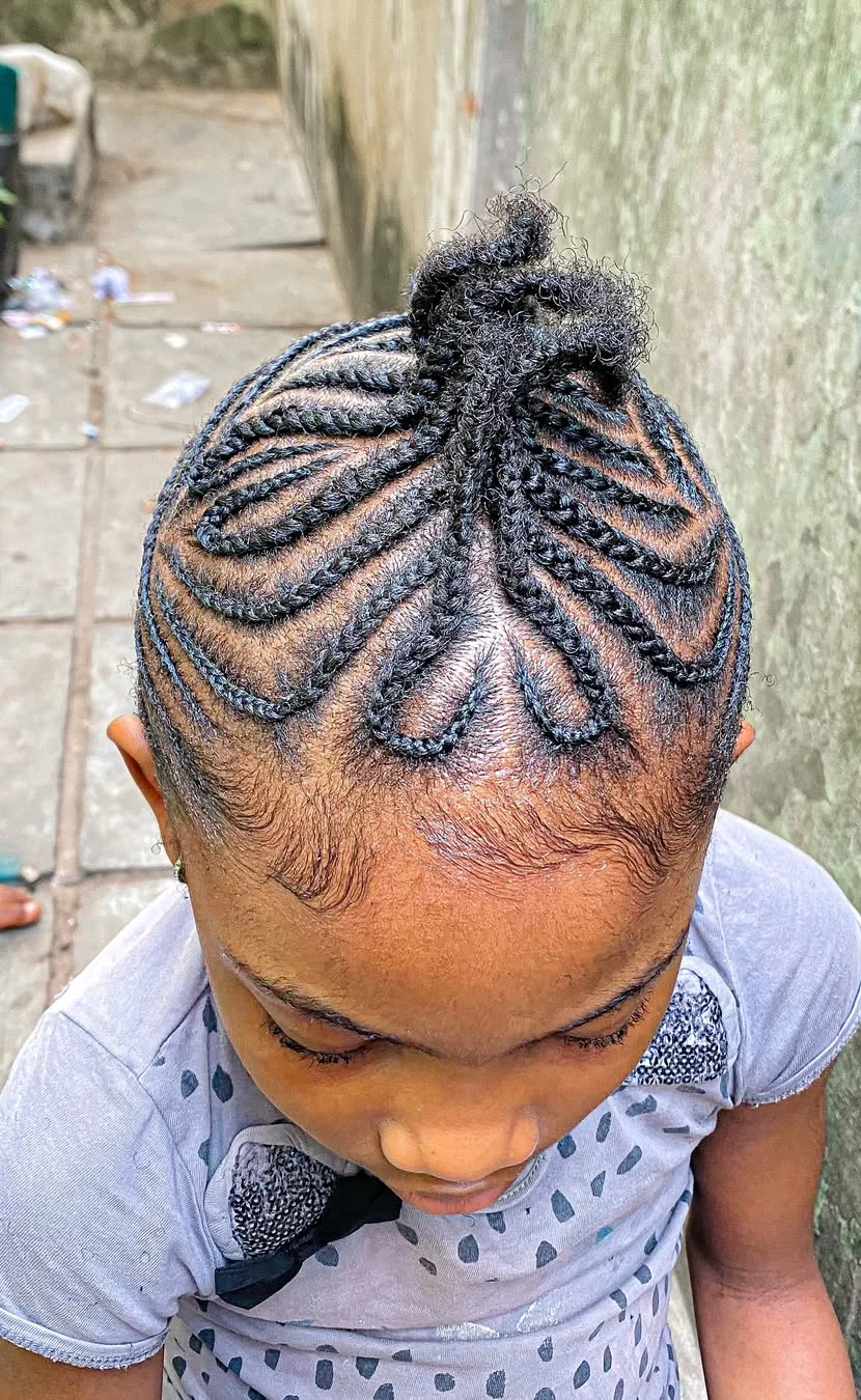 Radiating Cornrow Design with Textured Top Knot