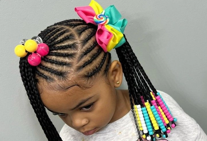 Rainbow Beaded Side Swept Cornrows with Bow