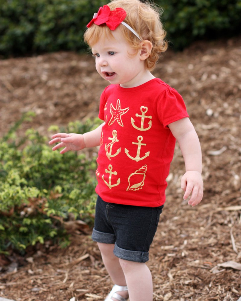 Red Nautical Tee and Denim Shorts