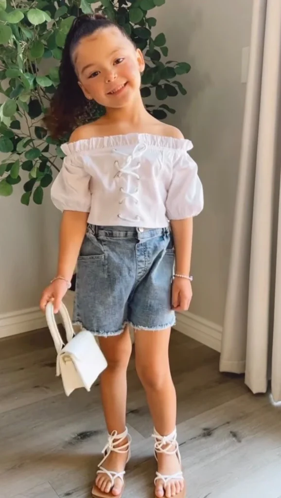 Ruffle Lace-Up Top with Denim Shorts
