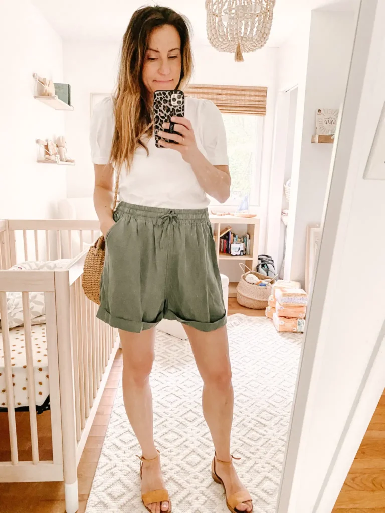 Sage Linen Drawstring Shorts & White Tee Set