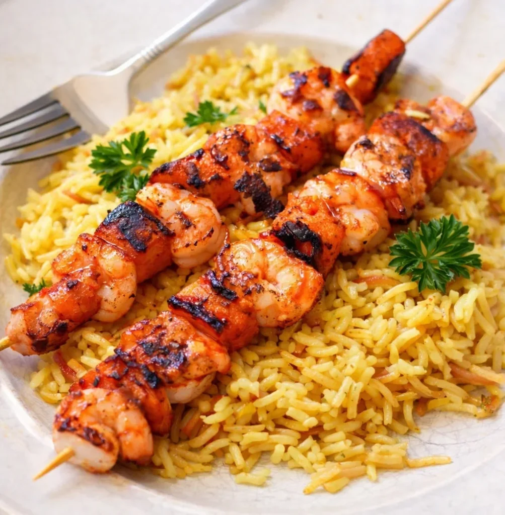 Shrimp and Vegetable Skewers with Brown Rice