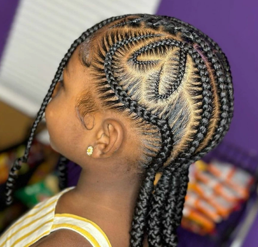 Side-Swept Heart Cornrows with Flowing Braids