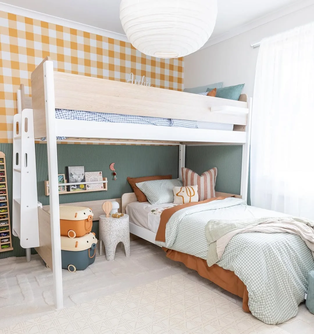 Bunk Bed Setup with Gingham Accent Wall