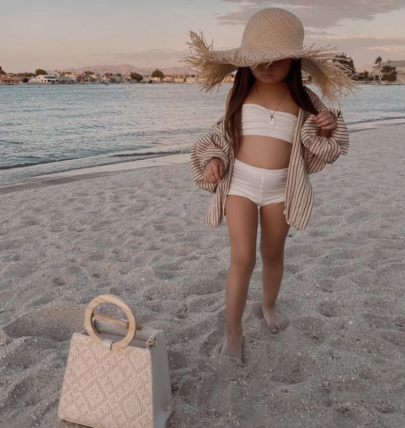 Sophisticated White Bikini with Striped Kimono Cover-Up