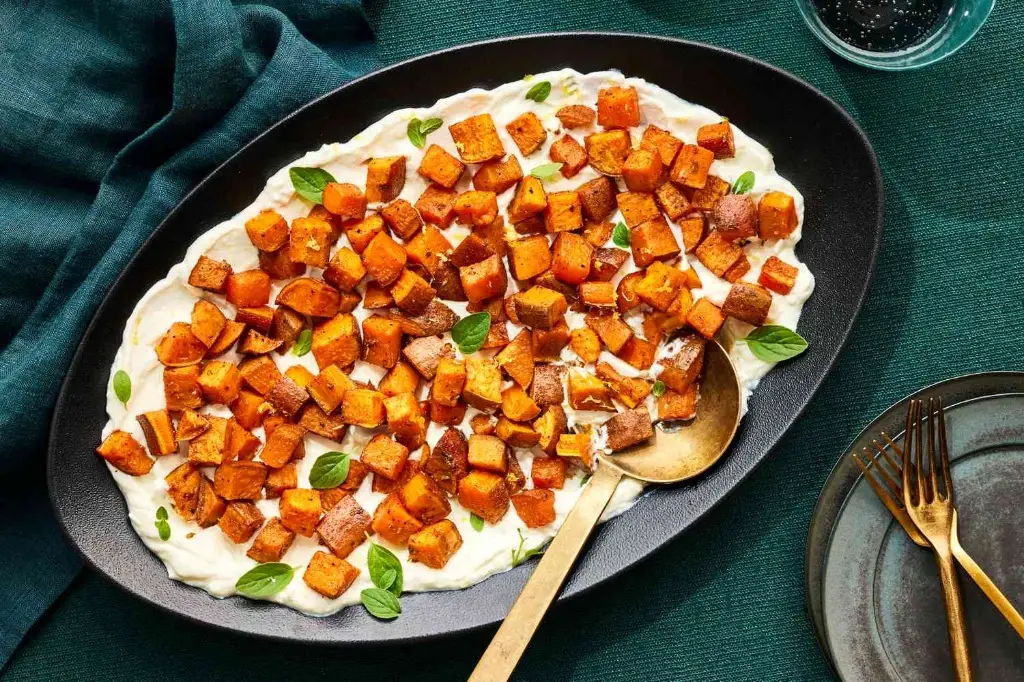 Spiced Roasted Sweet Potatoes with Garlic Yogurt