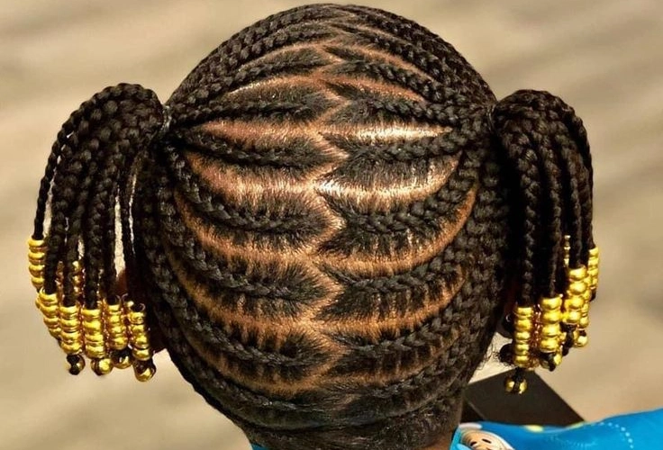 Spiral Cornrows with Double Pigtails and Gold Beads